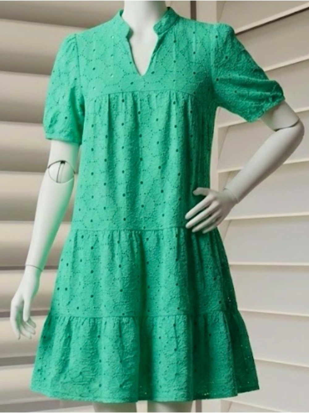Green Eyelet Tiered Short Dress